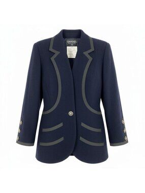 Chanel Cd9 Vintage Tweed Jacket Tailored CC Logo 36 Navy Wool